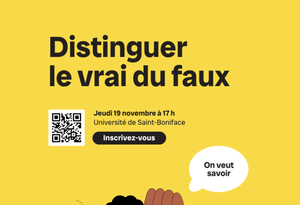 Distinguer le vrai du faux. Jeudi 19 novembre à 17 h à l'USB. Une illustration montre un personnage qui questionne un deuxième personnage.