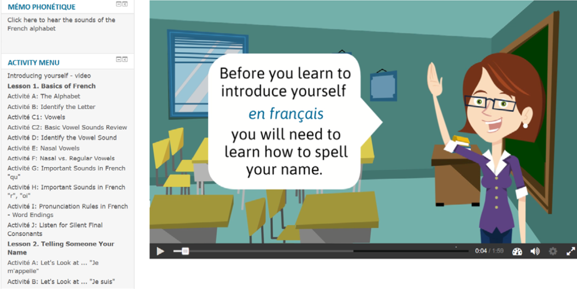 Capture d’écran d’un module d’apprentissage écrit : « Before you learn to introduce yourself en français, you will need to learn how to spell your name. »