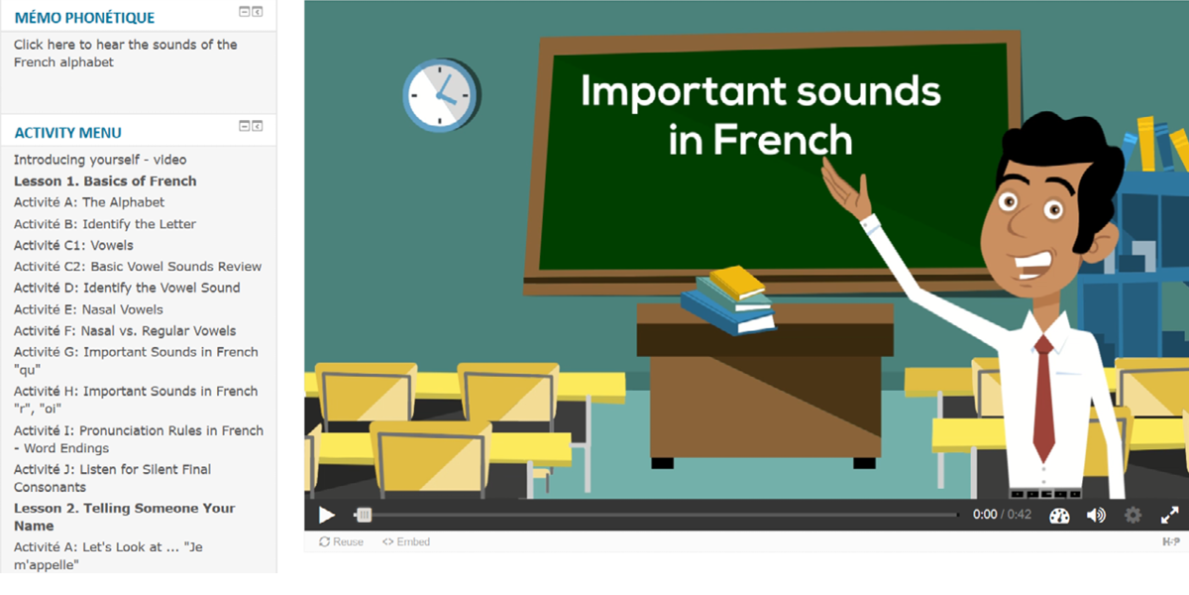 Capture d’écran d’un module d’apprentissage écrit « Important sounds in French ». 