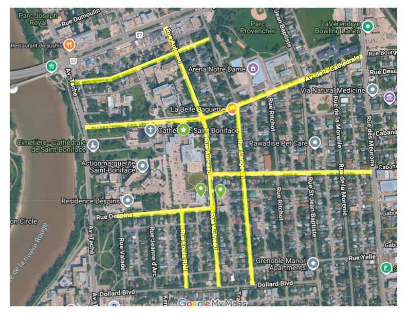 Une carte géographique des rues environnantes de l'Université de Saint-Boniface; les rues où la limite de stationnement levée sont en surbrillance.
