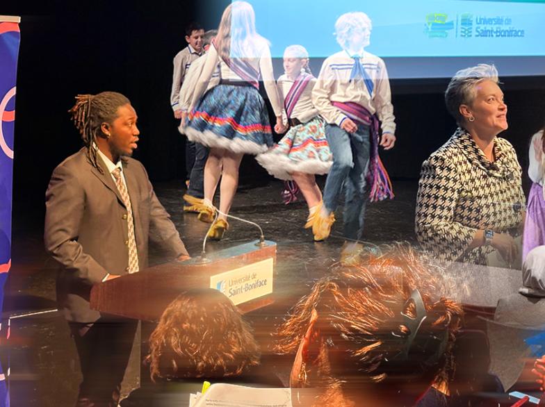 Montage montrant un étudiant à un podium, un groupe de danse traditionnelle sur scène, une intervenante s’adressant au public et des participantes et participants assis dans une salle de conférence.