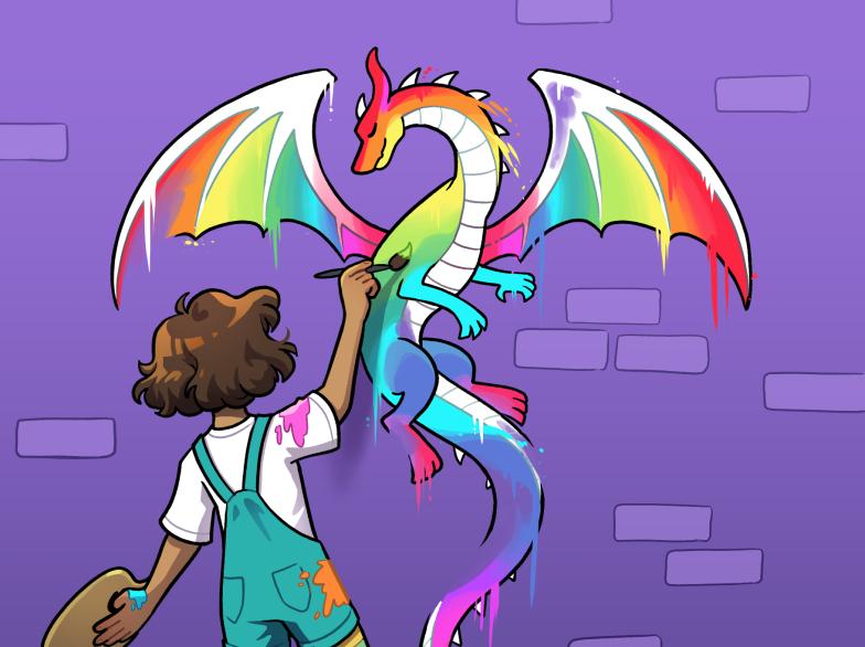 Une jeune personne peint un dragon arc-en-ciel sur un mur de briques violet.
