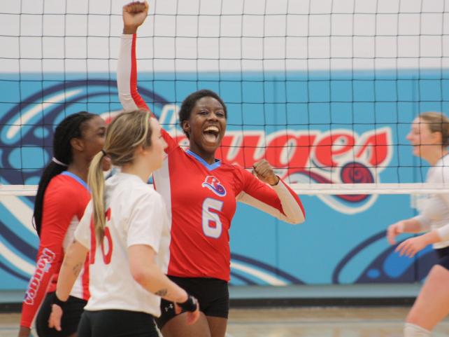 Joueur de volleyball célébrant sur le terrain avec ses coéquipiers.
