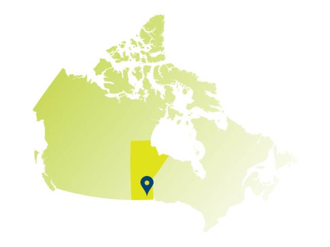 Carte du Canada avec la province du Manitoba surlignée en jaune et une épingle bleue indiquant l'emplacement de Winnipeg au sud de la province.