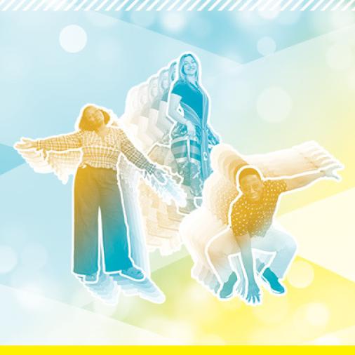Visuel coloré avec 3 silhouettes d'étudiants de l'USB en mouvement.