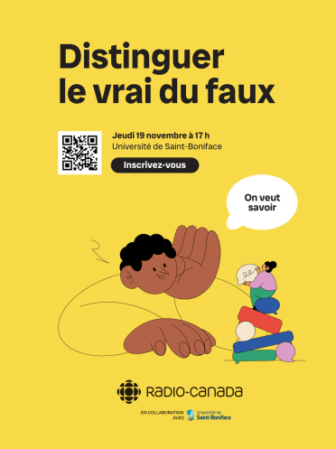 Distinguer le vrai du faux. Jeudi 19 novembre à 17 h à l'USB. Une illustration montre un personnage qui questionne un deuxième personnage.